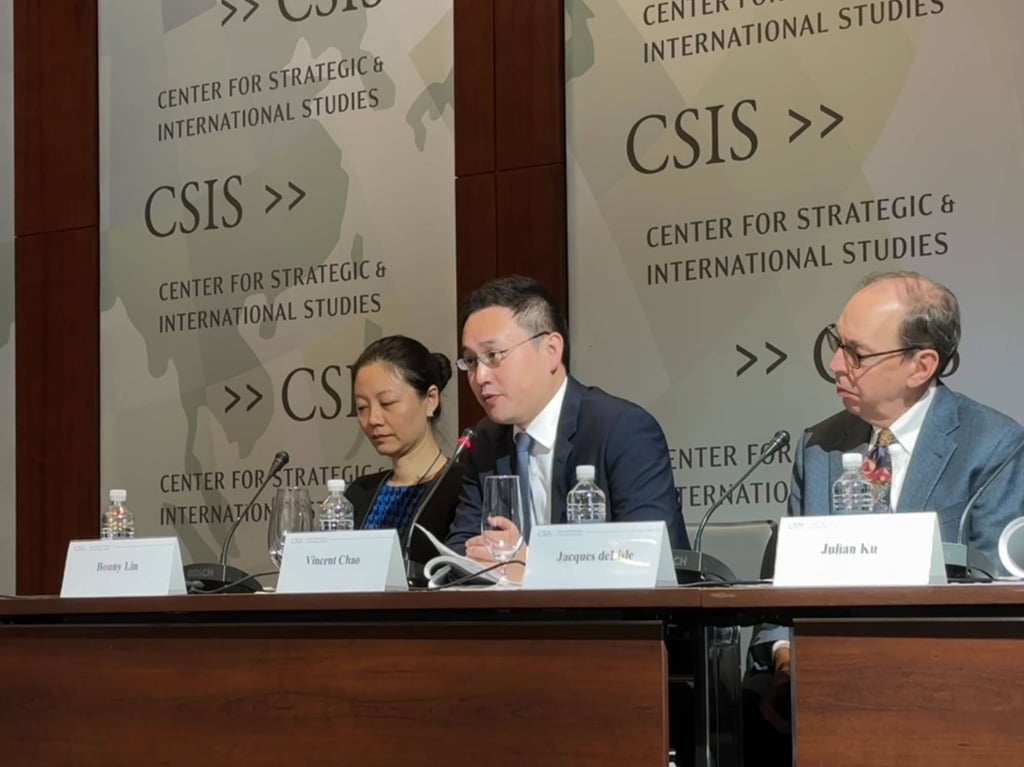 Vincent Chao (centre), a Taipei City councillor, speaks at the Centre for Strategic and International Studies, a Washington-based think tank, on Tuesday. Photo: SCMP Vincent Chao (centre), a Taipei City councillor, speaks at the Centre for Strategic and International Studies, a Washington-based think tank, on Tuesday. Photo: SCMP